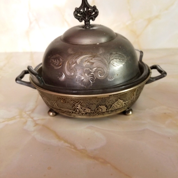 VINTAGE 3 PIECE BUTTER DISH W WINDMILL FARM DECO BASE, GLASS DISH, FLORAL DOME - Picture 1 of 8